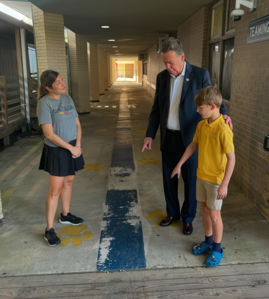 Parish President Mike Cooper with child at Pineview Middle School